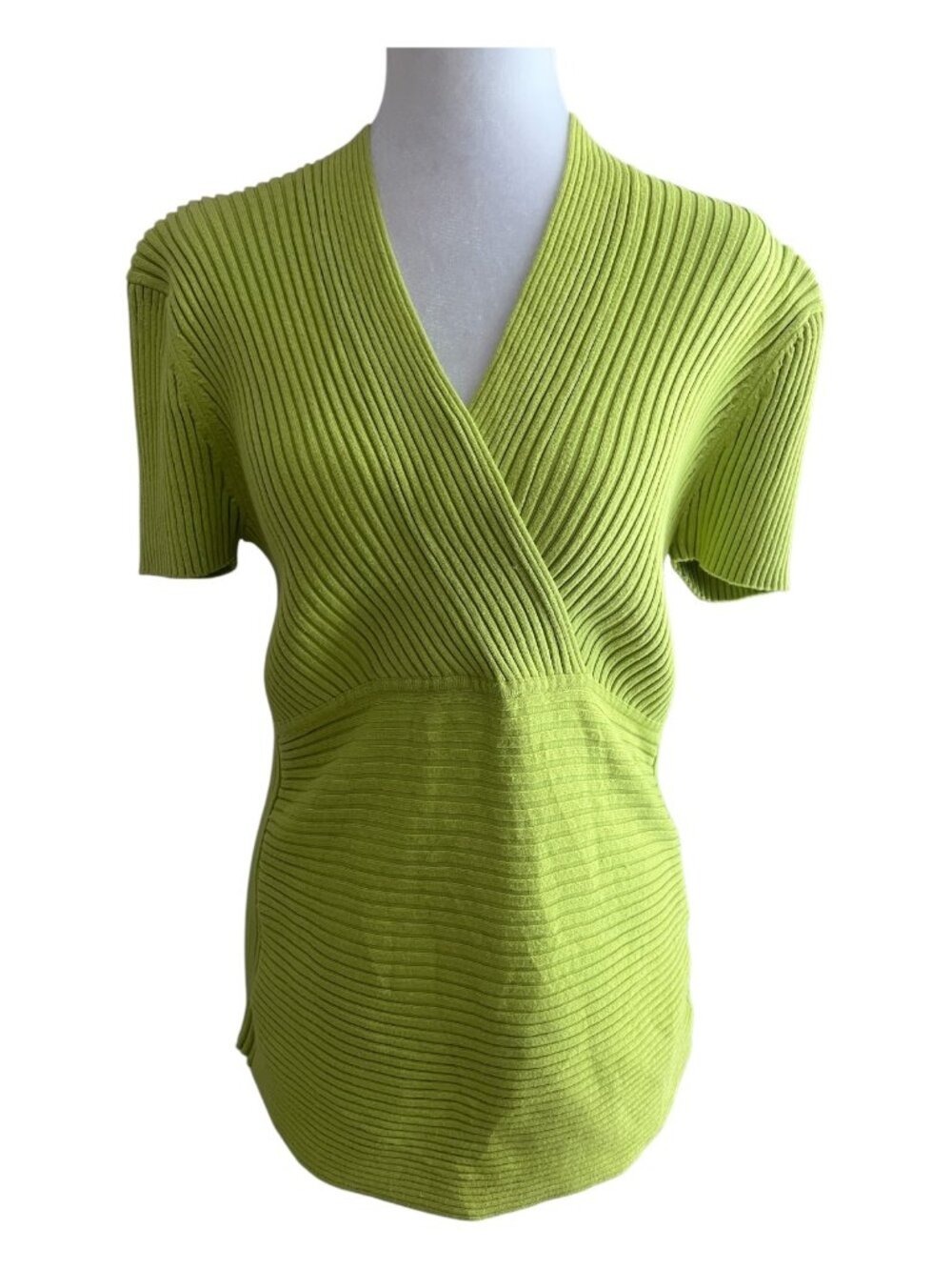 Vintage August Silk Lime Green Ribbed Faux Wrap Short Sleeve Top - M